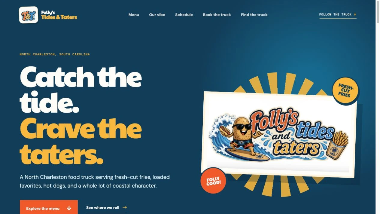 Tides and Taters website with its coastal blue and gold identity